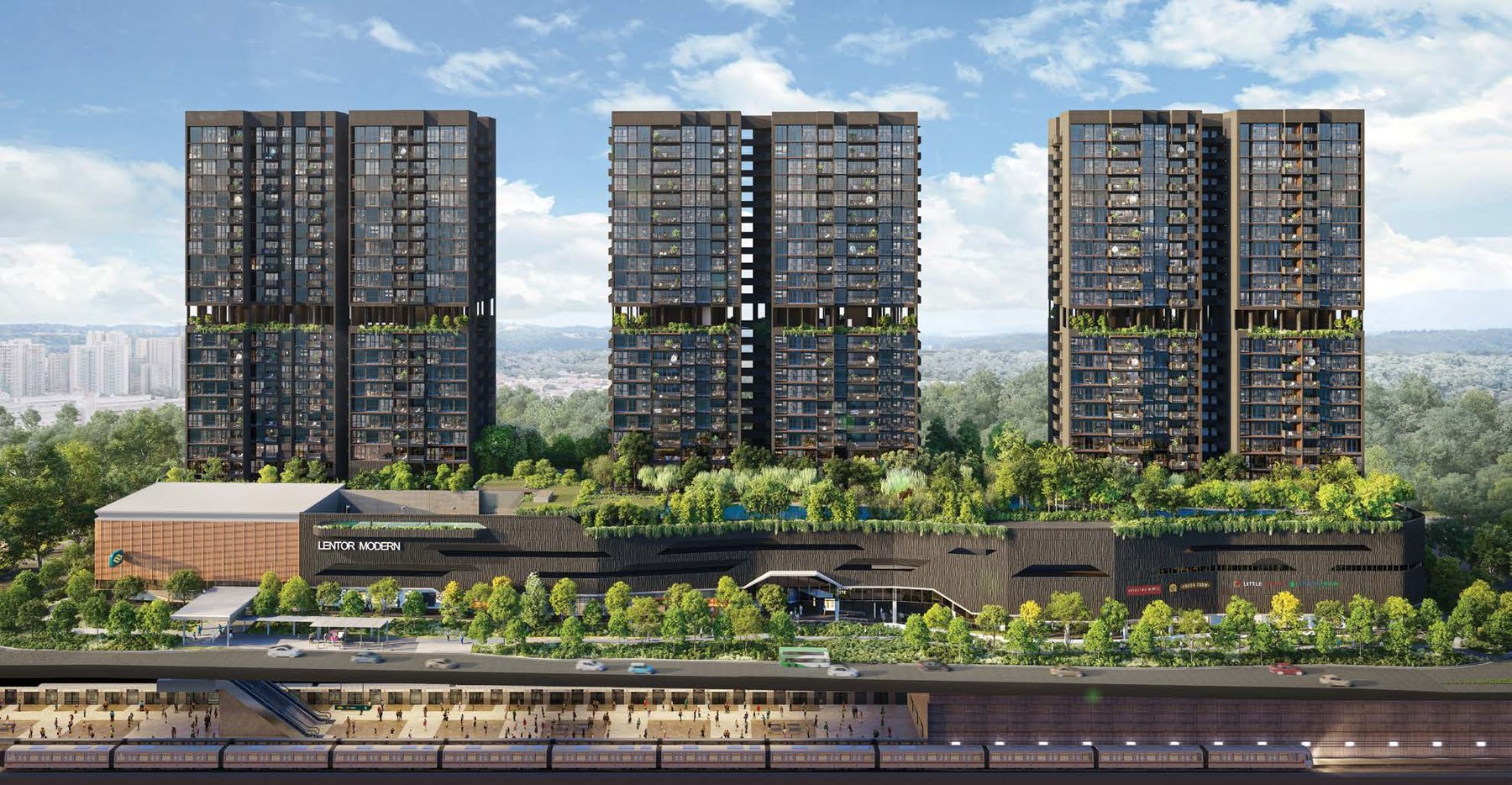 Lentor Modern three residential towers above the landscaped podium